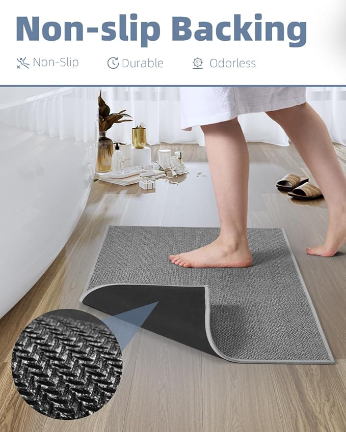 PADOOR Non-Slip Bath-Mats for Bathroom, Rubber-Backing Braided Absorbent Bathroom Mat Machine Washable Thin Bathroom Rugs Fit Under Door Quick Dry Bath Rugs for Floor, 17''x24'' Grey