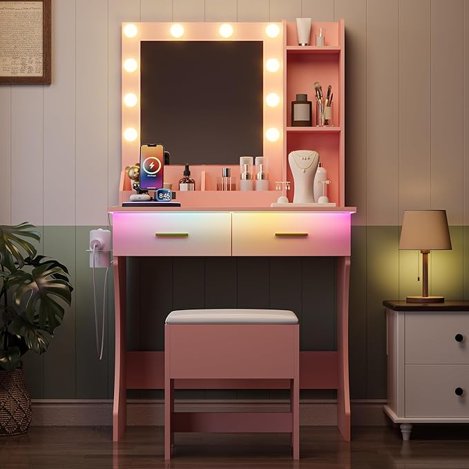Pink Vanity Mirror with Lights Desk and Chair, Small Makeup Vanity Set with Charging Station, Dressing Table with 2 Large Drawers, RGB Ambient Light, 3 Lighting Modes & Adjustable Brightness