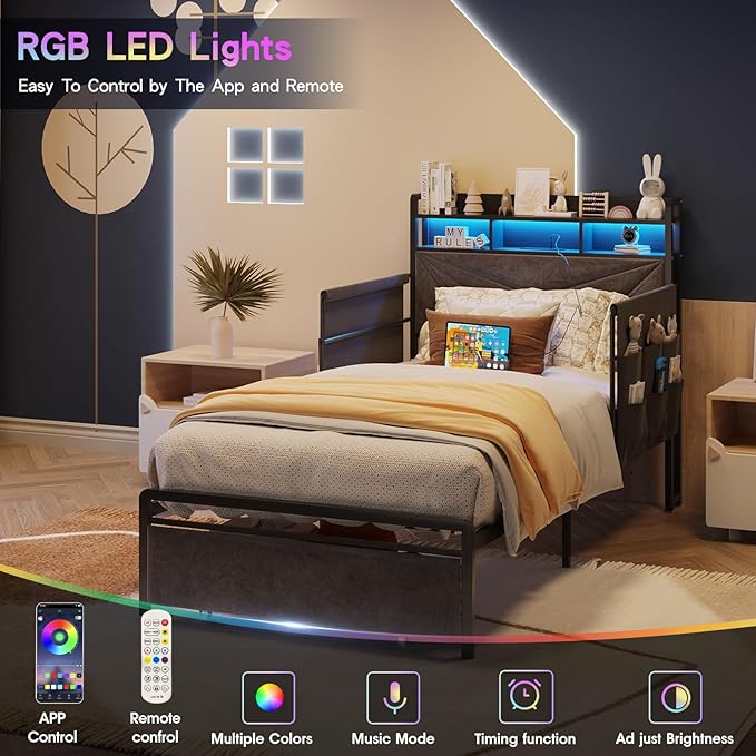 Maupvit Twin Bed Frame with Storage Headboard and Drawer,Upholstered Platform Bed Frame with LED Lights & Charging Station,Twin Size Bed with Guardrail,No Box Spring Needed,Grey