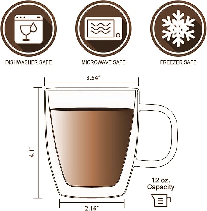 Glass Coffee Mug, Double Wall Insulated Glass Cup 12 Oz Heat-resistant Clear Coffee Mug for Tea Coffee Latte Espresso Cappuccino and Beverage, Set of 1 (Round)