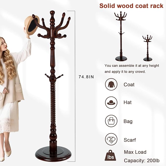 Coat Racks Freestanding, Natural Wood Coat Stands with 11 Hooks, 75" Heavy Duty Adjustable Height Vintage Hall Tree for Entryway, Bedroom, Office, Easy Assembly (Dark Brown)