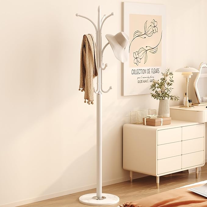 HOMEFORT Metal Coat Rack Stand,Free Standing Hat Hanger with Marble Base,Hall Tree with 12 Hooks for Hanging Hat,Clothes,Bag,Entryway Storage Organizer,White