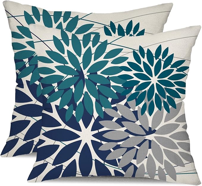 DFXSZ Outdoor Pillow Covers - 18x18 Inch Set of 2 Dark Blue Grey Flower Decorative Waterproof Summer Pillow Covers for Patio Furniture, Garden Couch