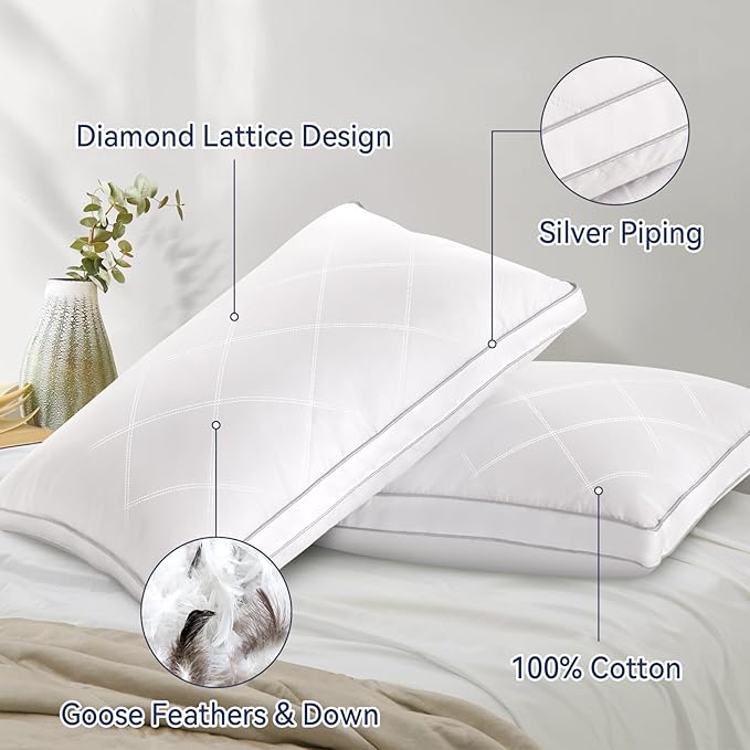 Peace nest Gusseted Bed Pillows Standard 20x26 Inches Set of 2 Made in USA Goose Feathers and Down with Cotton Cover Hotel Collection Luxury Soft Sleeping White Pillow