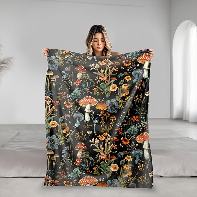 Mushroom Throw Blanket, Cute Fluffy Cozy Blanket for Couch or Bed, Soft Small Blanket Gift for Women, Kids, Black 40x50 inches