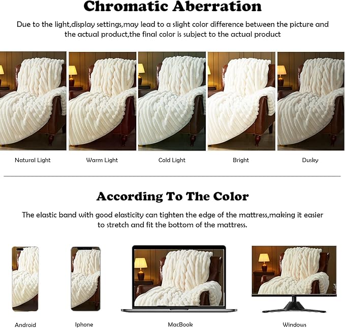 NEWCOSPLAY Faux Fur Twin Blanket Ivory 3D Ribbed Plush Thick Warm Blanket for Couch Sofa Bed 850GSM (Ivory Ribbed, Twin(60"x80"))