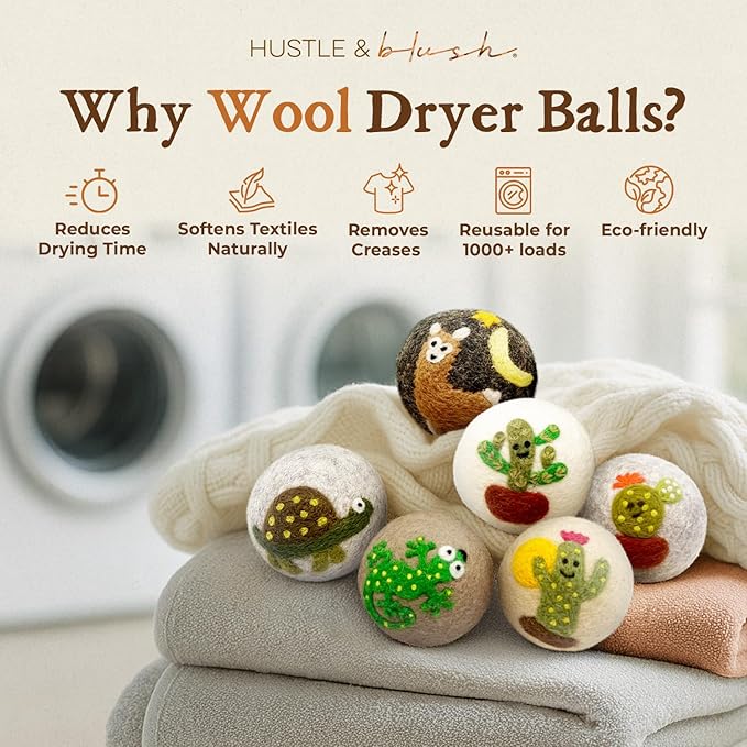 Fluff Ewes Wool Dryer Balls 6 Pack Premium New Zealand Wool Laundry Balls for Dryer, No Static Dryer Balls Laundry Reusable, XL Wool Dryer Balls Cute, Baby Dryer Balls for Dryers - Kiss My Cactus