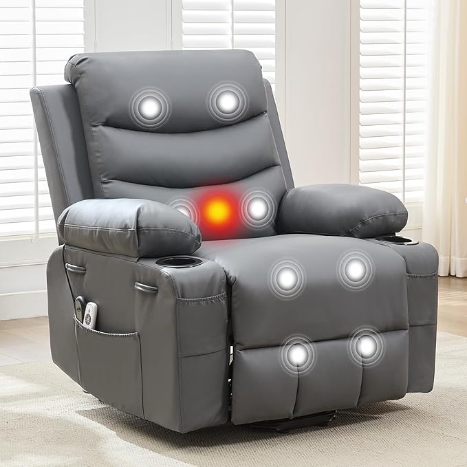 Power Lift Recliner PU Chair for Elderly, with Massage & Heat, Big and Tall Living Room or RV Single Sofa for Adults, 135° Reclining Accent Chairs, 2 Cup Holders and Side Pockets (Gray Leather)