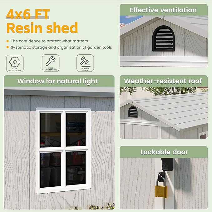 Patiowell 4' x 6' Outdoor Storage Shed with Floor, Plastic Shed Outside Resin Tool Shed with Window and Lockable Door for Backyard Garden Patio Lawn, White (Fit-it Shed)
