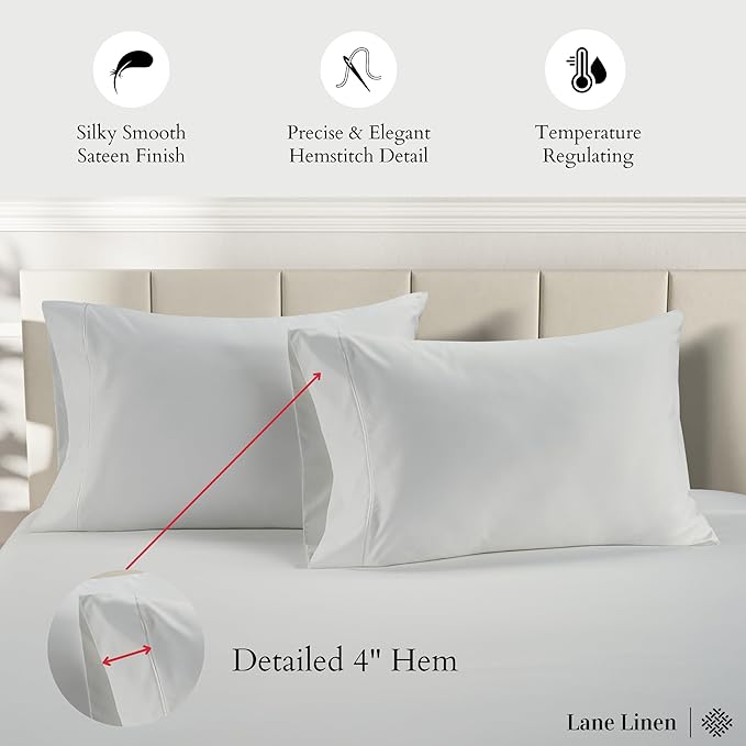 Lane Linen 100% Egyptian Cotton Pillow Cases Queen Size Set of 2 (20"x30") - 1000 Thread Count Pillowcases Queen Size - Soft Queen White Pillow Cases Set of 2 - White Pillowcases Pack of 2