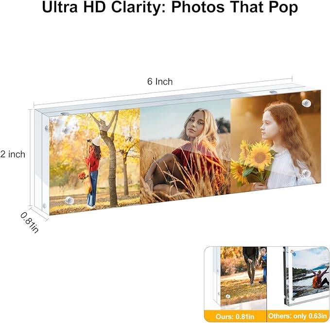 3 Pack 2x6 Acrylic Picture Frames - 20% Thicker Double Sided Magnetic Frame with UV Protection - Freestanding Clear Frameless Display for Tabletops - Modern Photo Frame Set for Home & Office Decor