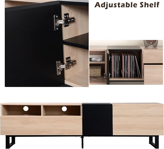 Merax Modern TV Entertainment Center with Cabinets, Drawers & Open Shelves, Wood TV Stand for TVs Up to 80” for Living Room Bedroom (Natural & Black)