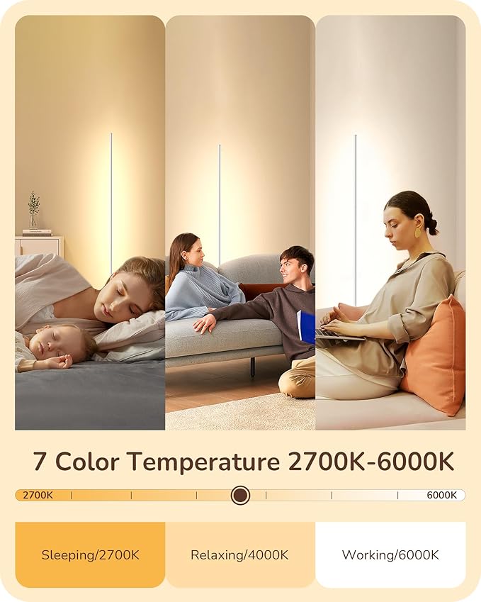 EDISHINE LED Corner Floor Lamp, Minimalist Dimmable Light with Remote, 57.5 Inches Tall Floor Lamps for Living Room, Bedroom, Home Office, 7 Color Temperature 2700-6000K (White)