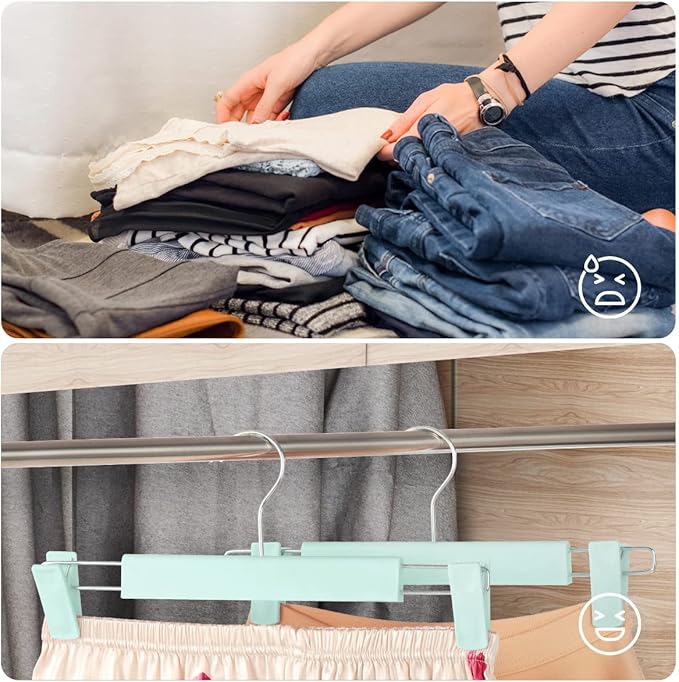 Clothes Pants Hangers, Space-Saving Skirt Holders with 360 ° Swivel Hooks, Adjustable Clips, Trouser Hangers, Clothes Coat Garment Jeans Hangers (20 Pack, Green)