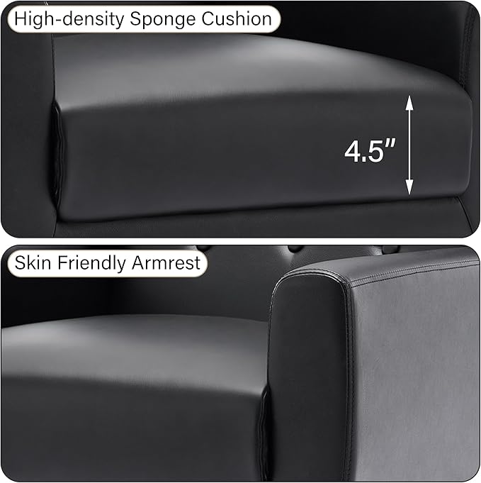 Accent Chair, Mid-Century Modern PU Leather Chairs with Arms for Living Room, Comfy Upholstered Club Single Sofa Armchair for Bedroom Waiting Room with Solid Wood Frame（Leather Black, Set of 1)