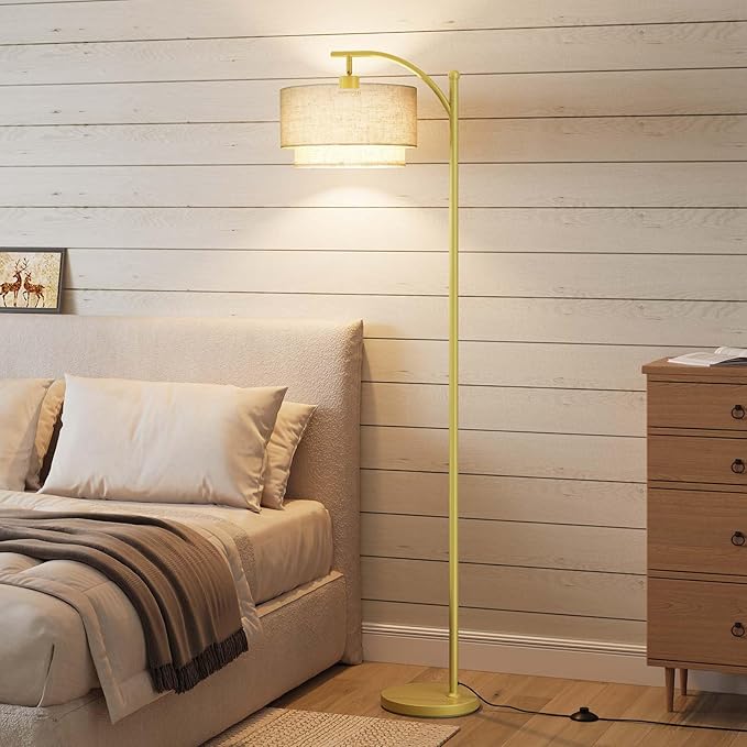 SUNMORY Floor Lamps for Living Room with 12W LED Bulb, Arc Floor Lamp with 3 Color Temperatures, Modern Floor Lamps with Adjustable Double Fabric Shades, Tall Standing Lamp for Bedroom, Corner