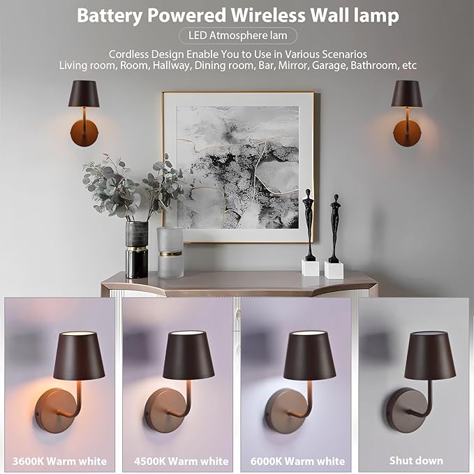 LED Wireless Wall Lamp Set of 2, with 5600mAh Rechargeable Battery Powered Wall Sconces, Touch for Remote Control Infinite Dimming Be Used for Bedroom Mirror Living Room Wall Painting(Brown)