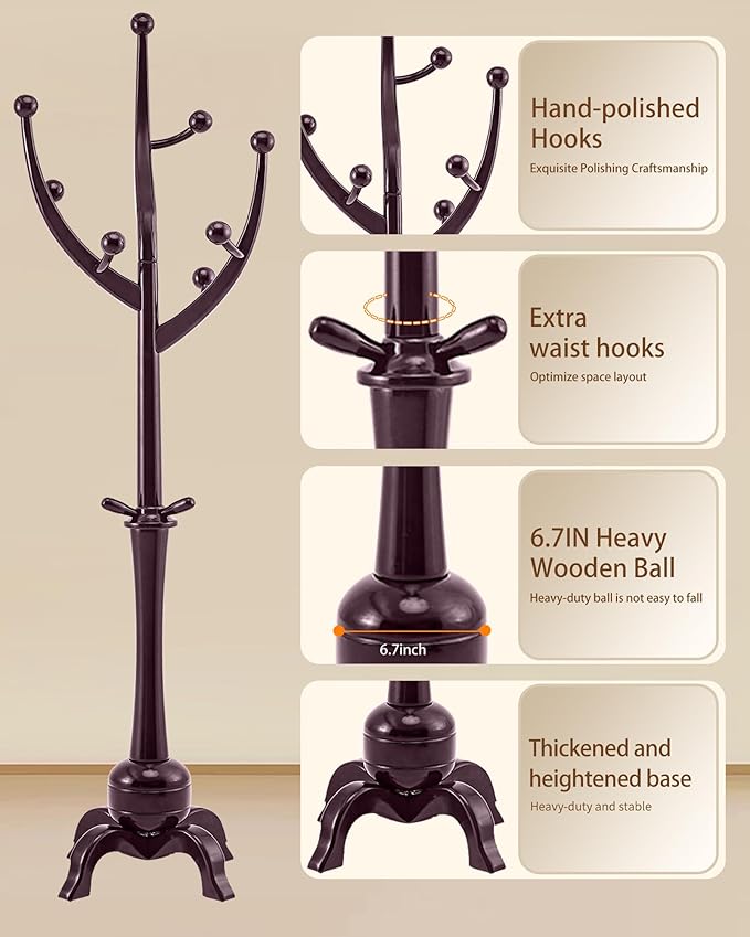 EZIVIEZ Wooden Coat Rack Stand, Solid Wood Freestanding Coat Rack with 11 Hooks, Creative Design Tree Branch-look Coat Racks, Heavy Duty Standing Coat Hanger Jacket Tree Stand for Office, Entryway
