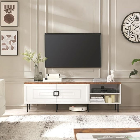 White TV Stand for Living Room, 70" Farmhouse TV Stand for 50/60/70/80 inch TV, Modern Entertainment Center with Adjustable Shelf and Cabinets, Long Media Console Table with Solid Feet