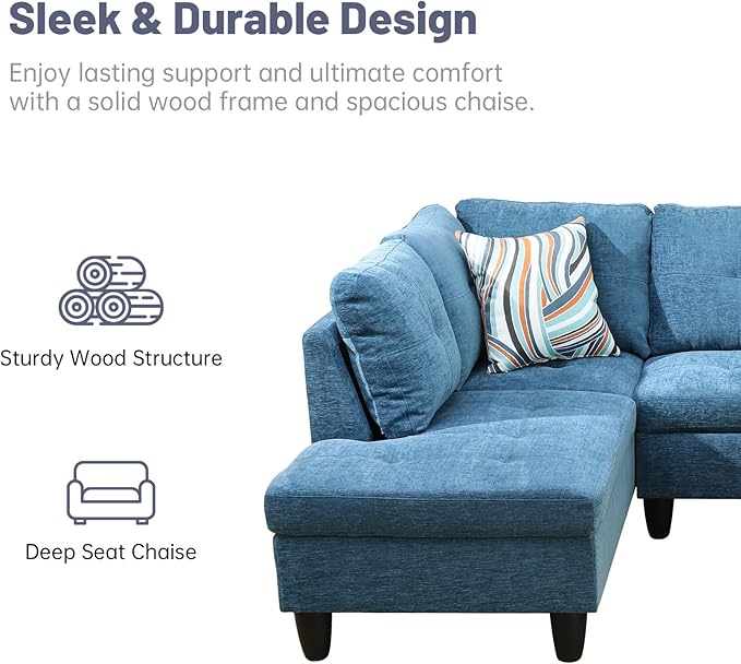 L-Shape 3-Piece Cloud Sofa, Couch for Living Room, Blue Flannel Fabric L-Shape with Reversible Chaise & Storage Ottoman, Ergonomic 110–115° Recline, Solid-Wood Frame