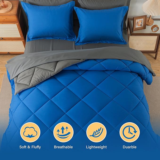 Cosybay Bed in a Bag Full Comforter Sets 7pcs All Season Solid Down Alternative Bedding Sets Blue and Grey with Comforter, Pillow Shams, Flat Sheet, Fitted Sheet and Pillowcases