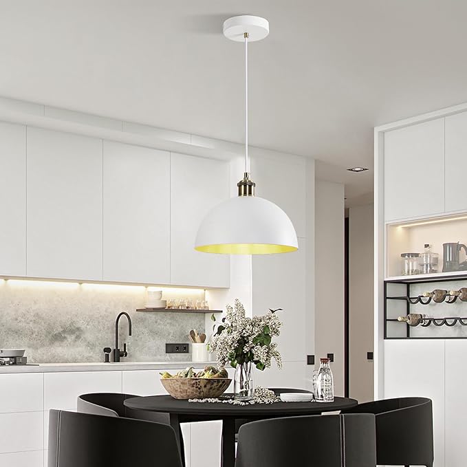 Vintage Industrial Pendant Light 9.84" Farmhous Dome Pendant Light White and Gold Finish Lighting lamp line Length 78.74" Kitchen Island, Bedroom, Corridor