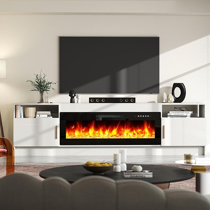 Ludatido 80 Inch TV Stand with 42 inch Electric Fireplace 27 Inch high LED Light Entertainment Center with 3 Open Storage compartments for TVs Up to 90" Black