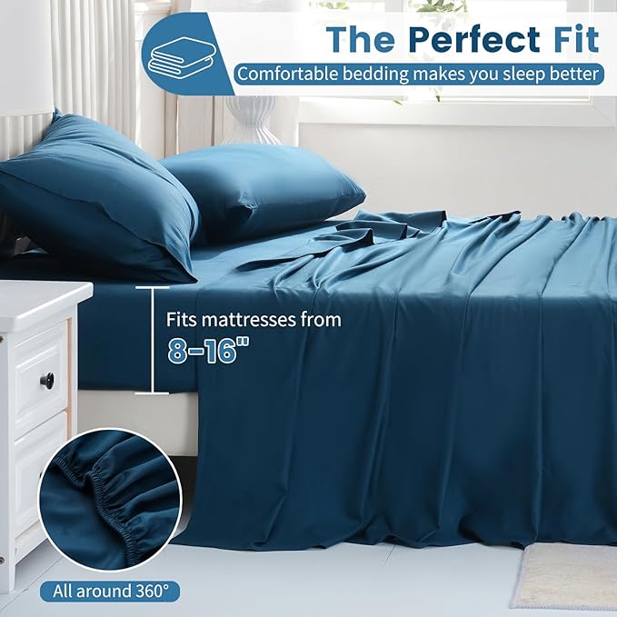 Bedlifes 1000 Thread Count 100% Egyptian Cotton California King Size Sheets Set - Sateen Soft Silky Breathable Luxury Cooling 4 Pieces (Navy Blue)