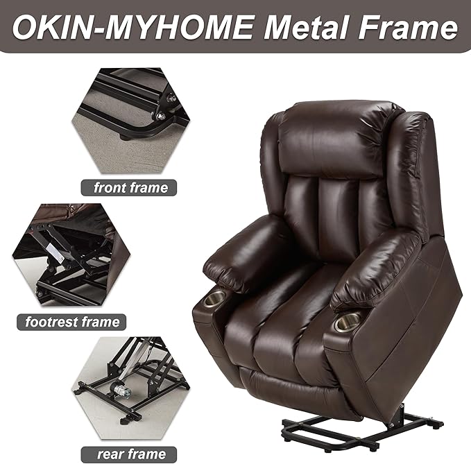 Power Lift Recliner Leather Chair Sofa with Massage & Heat, Lazy Boy Chair with Cup Holders, USB & Type-C Ports, Remote Control (Brown)