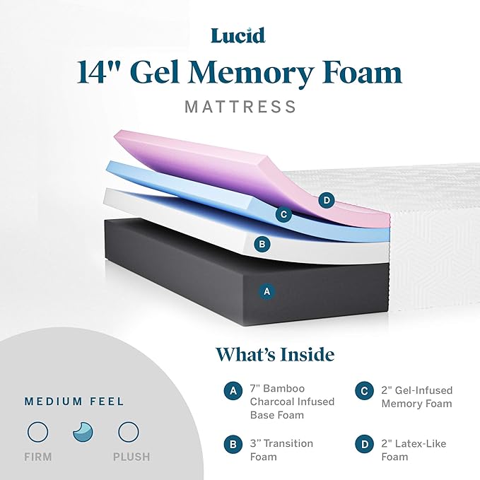 LUCID 14 Inch Memory Foam Mattress - Medium Feel - Memory Foam Infused with Bamboo Charcoal and Gel - Temperature Regulating - Pressure Relief - Breathable - Premium Support - King Size