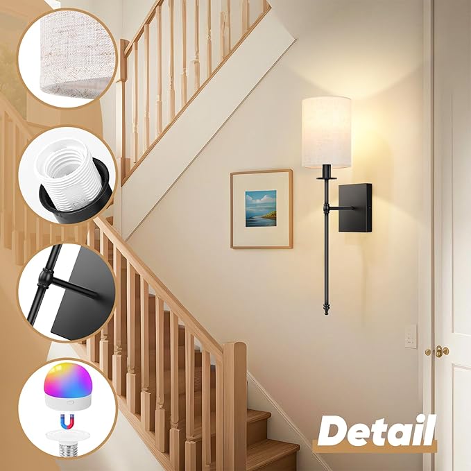 24.8 inch Battery Operated Wall Sconces Set of 2 with Remote, Rechargeable Wireless Wall Lights with Beige Fabric Shade, Indoor Not Hardwired Dimmable for Bedroom Living Room Decor