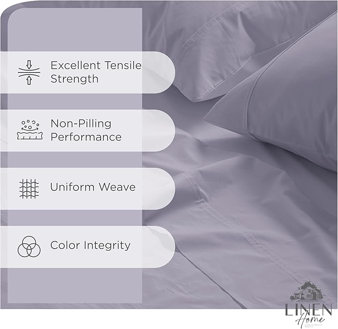 Linen Home 100% Cotton Percale Sheets King Size, Prelude Purple, Deep Pocket, 4 Pieces Set - 1 Flat, 1 Deep Pocket Fitted Sheet and 2 Pillowcases, Crisp Cool and Strong Bed Linen