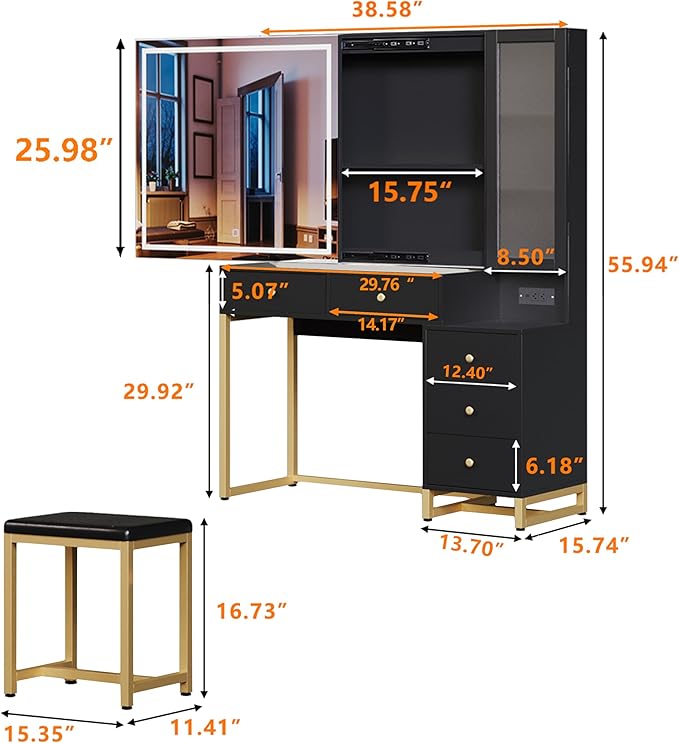 Vanity Set with Lighted Mirror and Charging Station, Extra Large Mirror Makeup Vanity Table with Cushioned Stool,5 Drawers, Modern Vanity Table with Nightstand (Black, Large)