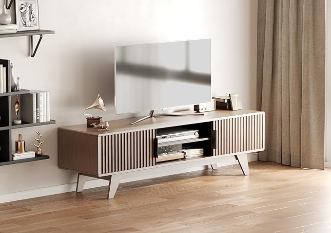 Claiks Mid-Century Modern TV Stand for 75 inch TV, Wood Fluted TV Stand with Storage and Adjustable Shelves, Low Profile TV Console for Living Room, Walnut
