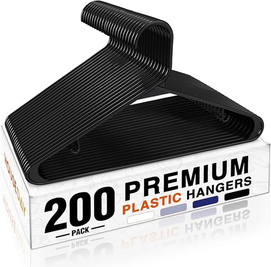 HOUSE DAY 200 Pack Plastic Clothes Hangers, Commercial Bulk Shipment for Business, Sturdy Durable Lightweight Hangers Black Ideal for Retail Dry Cleaners Warehouses, Save Cost & Warehouse Space