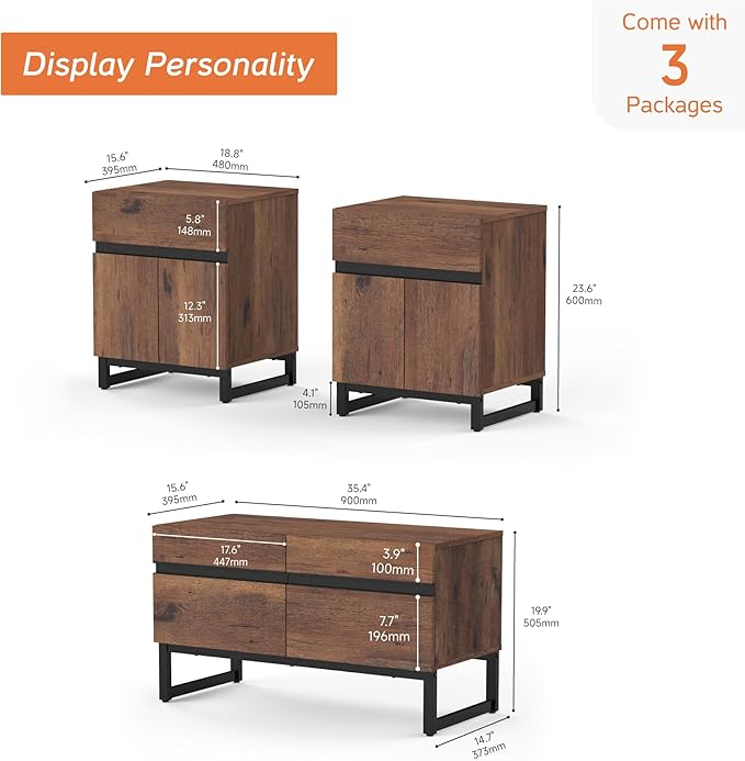 WAMPAT TV Stand and End Table Set of 3, Living Room Table Sets, 35 Inch TV Stand and 2 End Table Set with Drawers for Living Room, Entertainment Center, Console TV Table,Brown