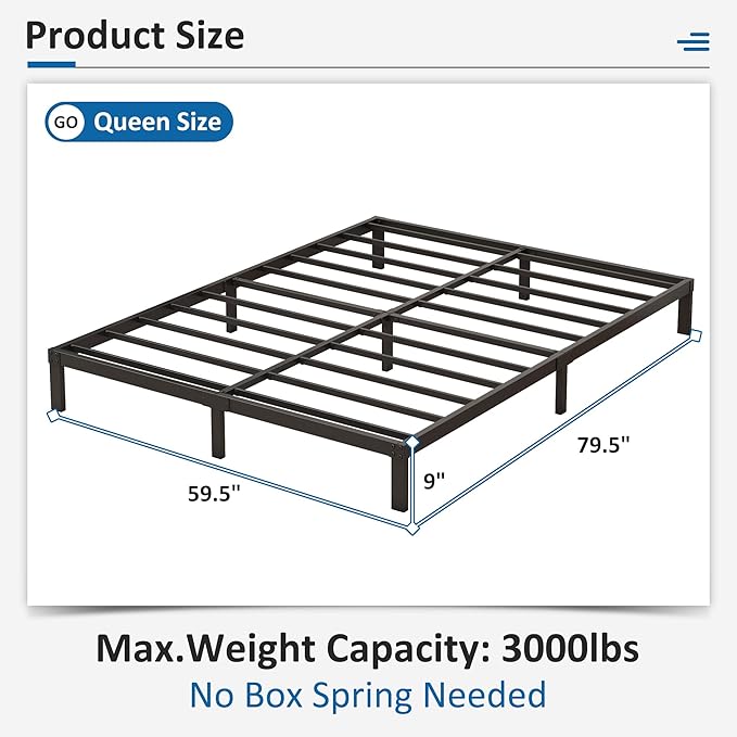9 Inch Low Queen Bed Frame Heavy Duty Metal Platform, No Box Spring Needed, Easy Assembly Mattress Foundation, No Noise, Black