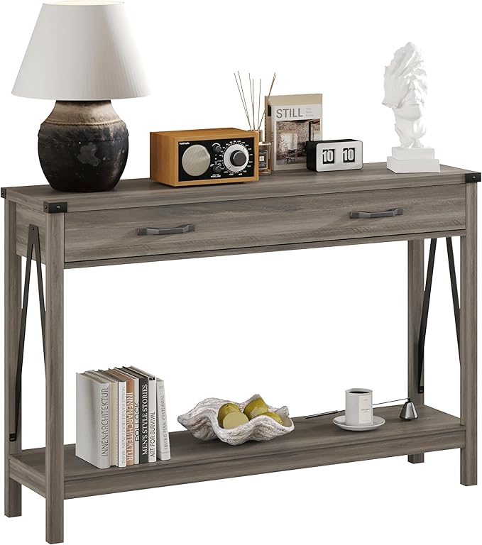 ChooChoo 47'' Farmhouse Console Table with Drawer, Entryway Table with Storage Shelf, Rustic A-Design Sofa Table for Hallway, Entrance, Living Room, Grey