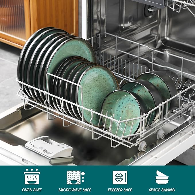 vancasso Plates and Bowls Sets, 24 Pieces Stoneware Dinnerware Sets for 8, Kitchen Dish Set Mircowave and Dishwasher Safe Dinner Set Ceramic Dishware, Turf Green, Series AMBER