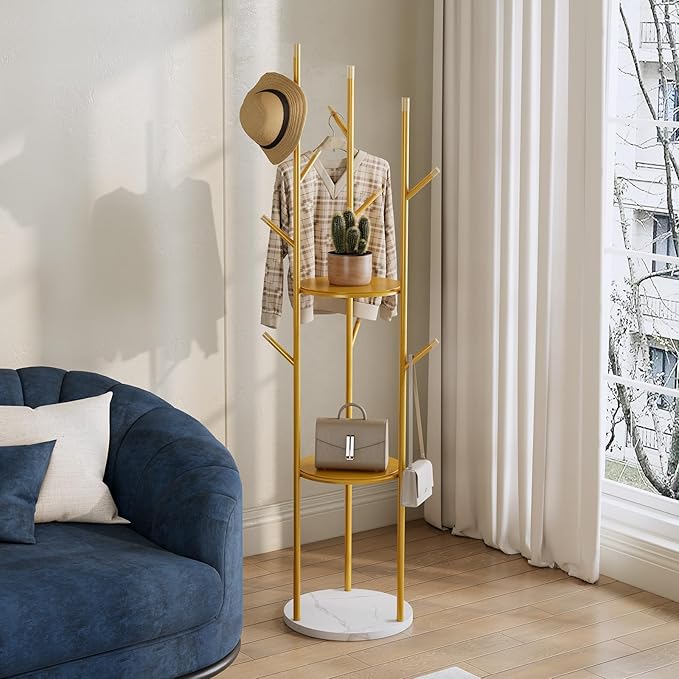 Gold Coat Rack Stand,Freestanding Coat Racks whit Marble base,heavy duty coat hanger Stand,metal Coat Rack with 3 Shelves and 9 Hooks,Coat Tree for Entryway, Bedroom, Coats, Bags,