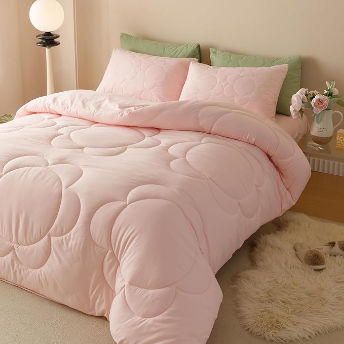 Luxlovery Pink Sunflower Comforter Set Twin Light Pink Floral Quilts Blush Pink Bedding Comforter Set Boho Farmhouse Plain Color Soft Breathable Cozy Comforter