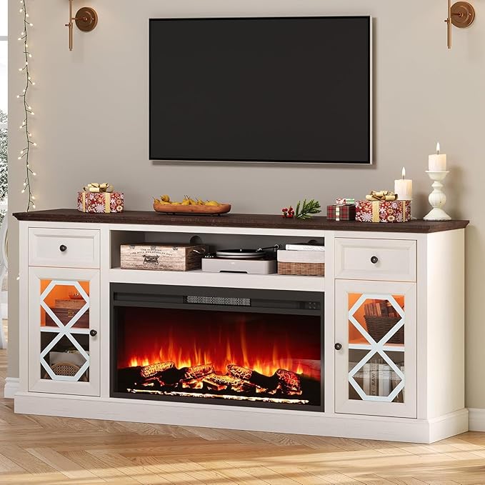70" Farmhouse Heavy Fireplace TV Stand with 37" Electric Fireplace, TV Console Cabinet with Diamond Door for Living Room, Large LED Entertainment Center with Storage for 80" TVs, White
