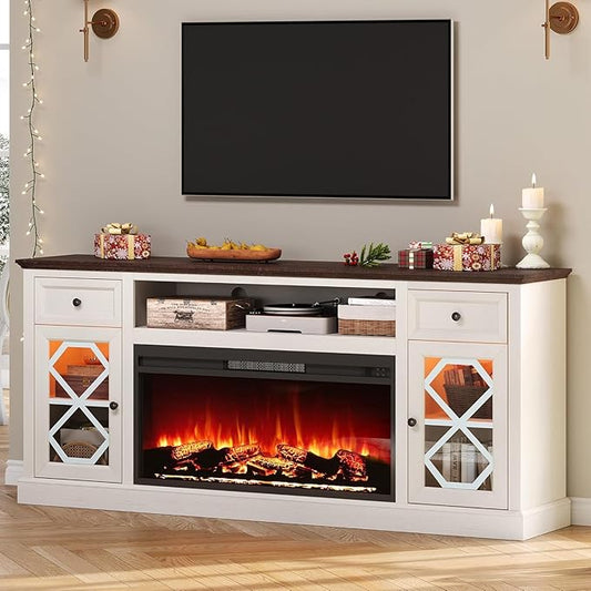 70" Farmhouse Heavy Fireplace TV Stand with 37" Electric Fireplace, TV Console Cabinet with Diamond Door for Living Room, Large LED Entertainment Center with Storage for 80" TVs, White