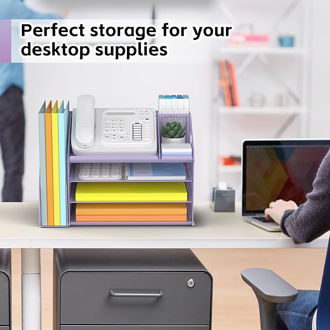 DocNest 4 Tier Paper Letter Tray File Organizer, Mesh Desk File with Handle, Workspace Desk Organizers with Pen Holder, Office Organization Storage Accessories - Purple