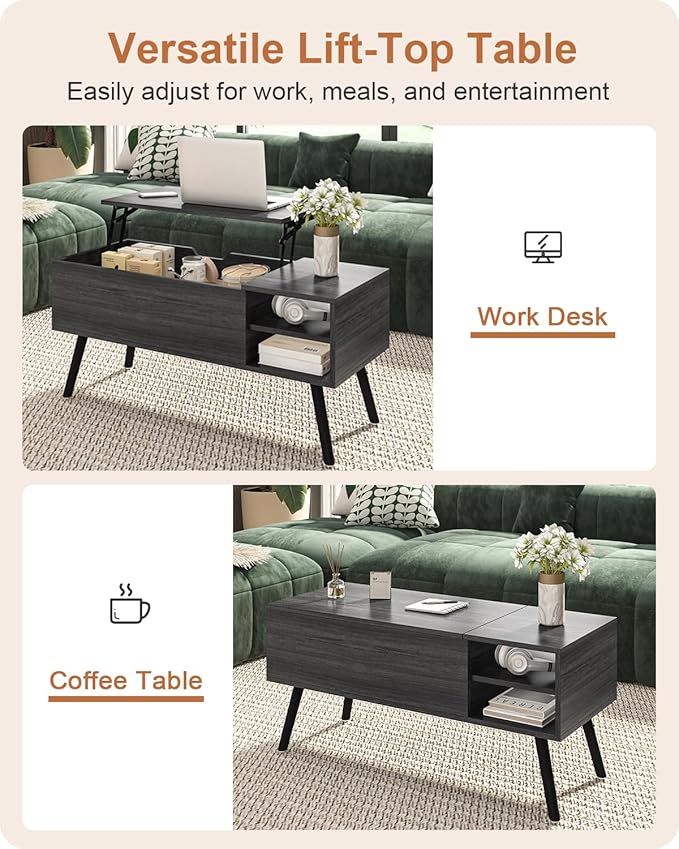 ALINE FURNITURE Gray Coffee Table Lift Top - Dark Grey Wood Coffee Table with Hidden Compartment Storage - 40" Rectangle Coffee Tables for Living Room
