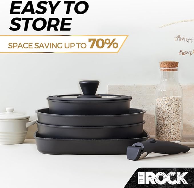 THE ROCK SMART SPACE 16pc Nonstick Pots and Pans Set with ROCK.TEC, Stackable Cookware Set with Detachable Handles, Scratch/Stain/Crack Proof, Induction Ready, Oven & Dishwasher Safe, PFOA-Free, Black