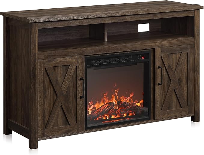 BELLEZE Modern 48" Barn Door Wood TV Stand with 18" Electric Fireplace Heater & Media Entertainment Center Console Table for TV up to 50" with Two Open Shelves and Cabinets - Corin (Dark Walnut)