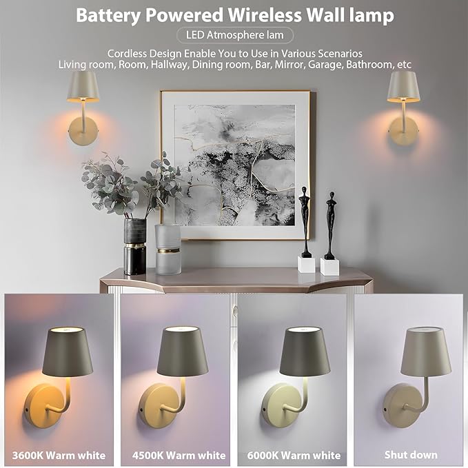 LED Wireless Wall Lamp Set of 2, with 5600mAh Rechargeable Battery Powered Wall Sconces, Touch For Remote Control Infinite Dimming Be used for Bedroom Mirror Living Room Wall Painting(Apricot)