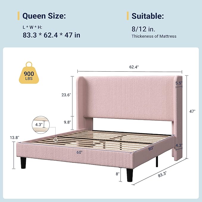 Allewie Queen Size Bed Frame with Upholstered Wingback Headboard, Vertical Channel Tufted Corduroy Velvet Platform Bed, Strong Wooden Slats Support, No Box Spring Needed, Easy Assembly, Light Pink