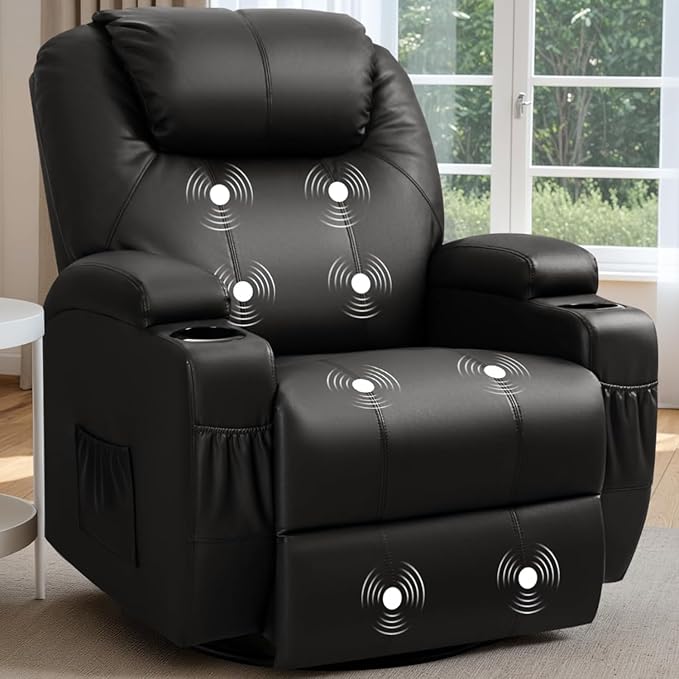 Recliner Chair, 360° Swivel Rocker Chair for Adults, Rocking Recliner Chair with Massage, Comfy Single Sofa with Side Pockets Cup Holders for Living Room, Bedroom, Nursery (Leather, Black)